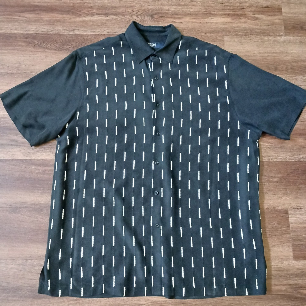 Nat Nast Luxury Originals Black 100% Silk Dashed Stripe‎ Button Down Shirt XL